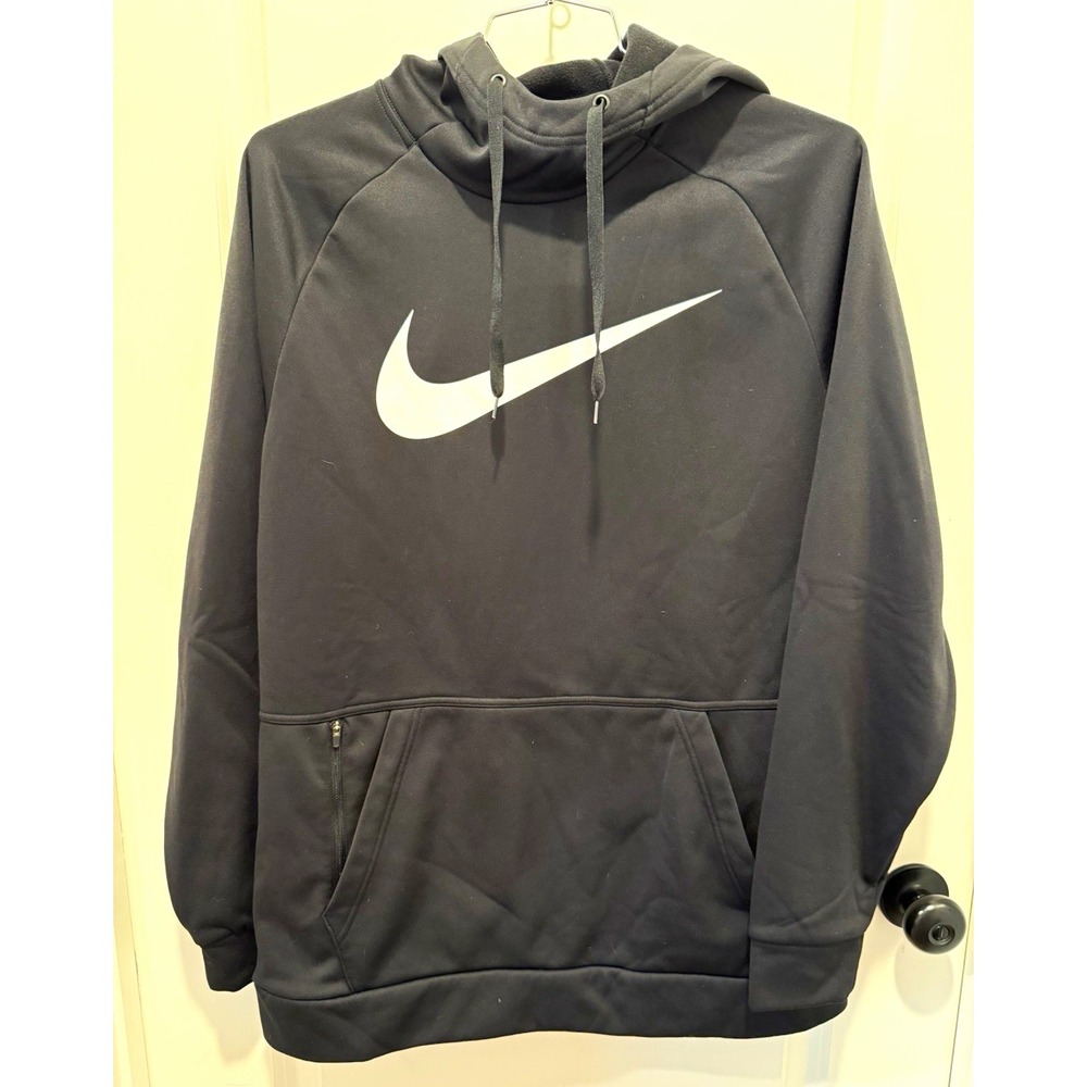 Nike Therma-FIT Mens Large Black Pullover Hoodie Big Swoosh Fleece Pocket